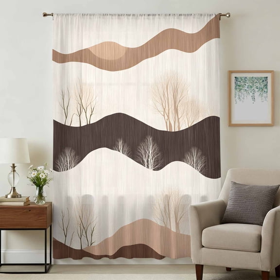 Beige Brown Stripe Sheer Curtains 54 Inches Long, Modern Abstract Wave Silhouette Light Filering Curtains, Breathable Simi Curtain Privacy Drapes for Kitchen Bathroom Small Window Treatment