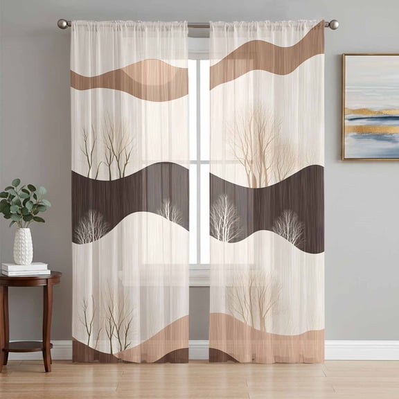 Beige Brown Stripe Sheer Curtains 63 Inch Length 2 Panels Set, Modern Abstract Wave Silhouette Voile Window Treatment Rod Pocket Curtains Sheers Drapes for Bedroom/Living Room/Kitchen 52x"63"x2