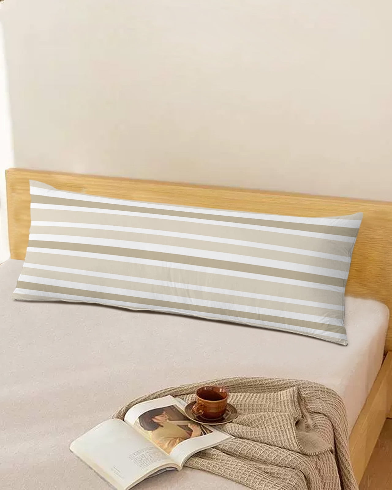 Beige Brown Striped Body Pillow Covers, Modern White Abstract Art Soft Breathable Throw Pillow Cases with Invisible Zipper, Decorative Pillowcase Pillows Protectors for Sofa Bed Couchair 20"x54"