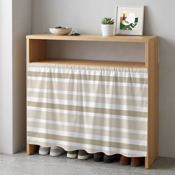 Beige Brown Striped Cabinet Curtain 35"Wx35"L,Dustproof Under Sink Skirt with Self Adhesive Tape,Modern White Abstract Arts Cabinet Curtain Cover for Kitchen Sink,Bathroom Vanity,Laundry Room