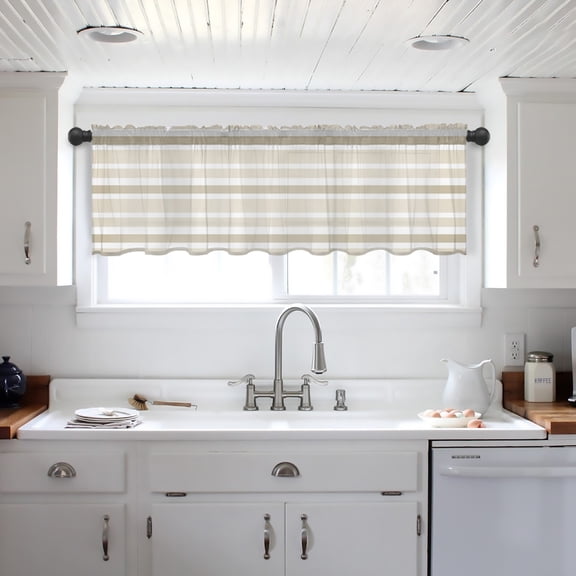 Beige Brown Striped Valance Curtains for Kitchen/Living Room/Bathroom/Bedroom Window, Modern White Abstract Art Aesthetics Rod Pocket Small Topper Half Short Window Curtains Sheer Scarf 54"x18"