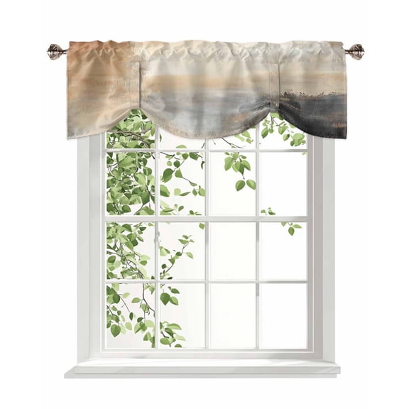 Beige Brown Tie Up Valances Curtain, Geometric Abstract Art Oil Painting Kitchen Valances for Windows Decor, Rod Pocket Short Curtains Set for Bedroom/Bathroom, 60"x18"