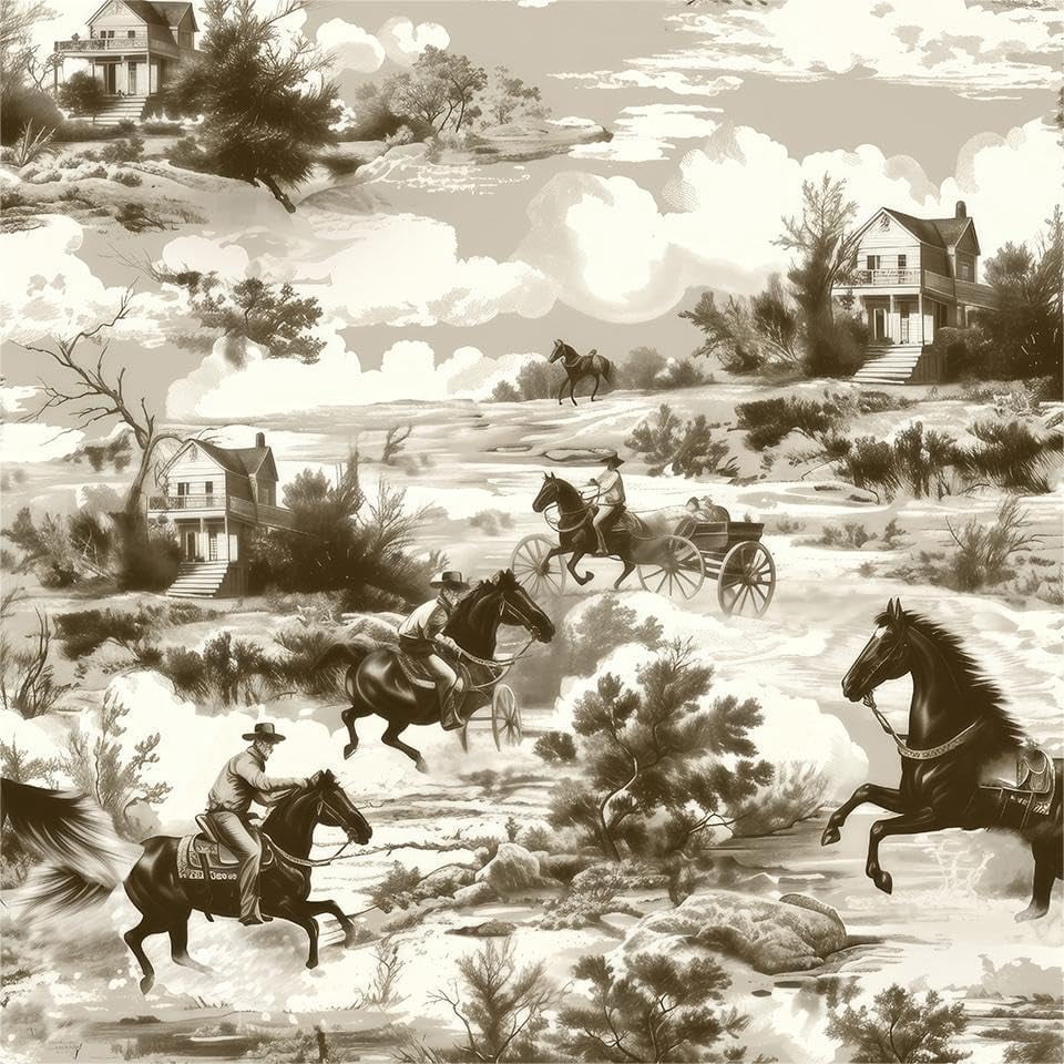 Beige Brown White Western Horse Landscape Peel and Stick Wallpaper Contact Paper Vintage Vinyl Stick on Wall Paper for Bedroom Bathroom Kitchen Cabinet Renter Friendly