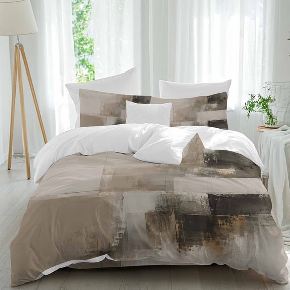 Beige Brushstrokes Comforter Set Full Size, Modern Abstract Art Minimalist Color Blocks Soft Bedding Set for Man Woman, 4 Pieces Duvet Cover Set with Flat Sheet, 2 Pillowcases