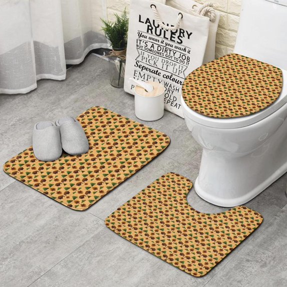 Beige Buffalo Pattern Bathroom Rugs Sets 3 Piece,Toilet Cover Set,Absorbent Non Slip Bathroom Mats Sets with U-Shaped Contour Rug Toilet Rug Set