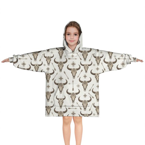 Beige Buffalo Skull Arrow Pattern Blanket Hoodies for Kids 6-13YR Oversize Wearable Blanket Hoodies for Boys Girls Teens