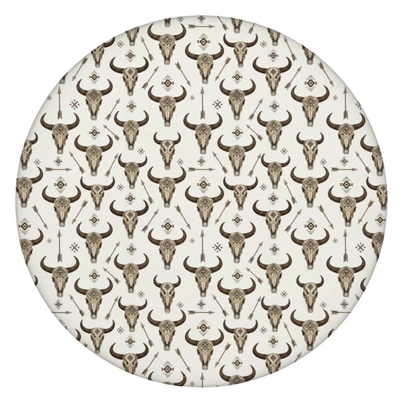 Beige Buffalo Skull Arrow Pattern Round Fitted Tablecloth with Elastic Edge,Dining Table Cover Waterproof,Outdoor Round Tablecloth for Camping,Dining,Indoor and Outdoor
