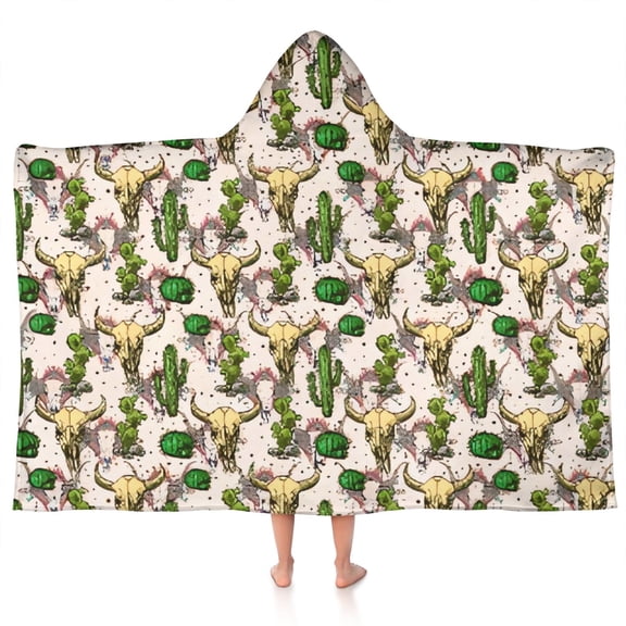 Beige Buffalo Skull Cactus Pattern Hooded Bath Towel，50"x30" for Ages 3 To 12 Kids, Quick Dry Lightweight Soft Microfiber Hood Beach Towel Cover Up for Kids