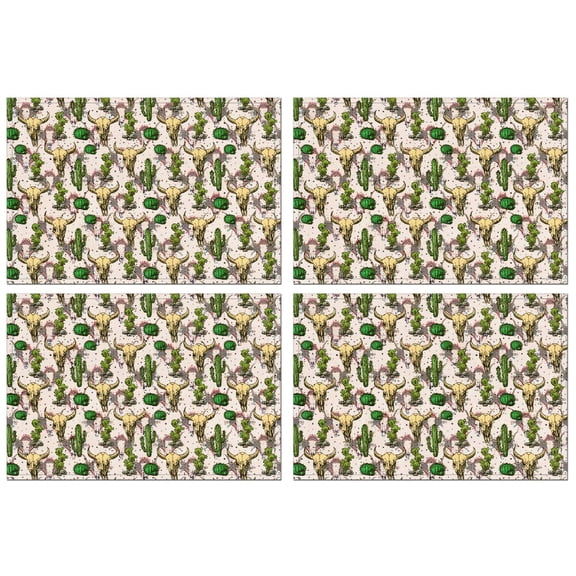 Beige Buffalo Skull Cactus Pattern Summer Placemats Table Placemats Set Of 4-Linen Kitchen Washable Placemats Table Mats 11.8"x17.7" Non-Slip Heat Resistant