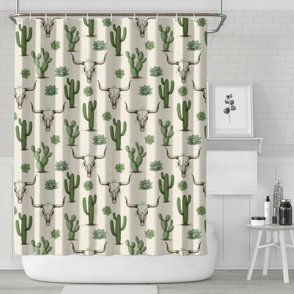 Beige Buffalo Skull Cactus Succulent Pattern Shower Curtain 84"x72" ,Bathroom Decorative Shower Curtains Set with 12 Hooks,Modern Waterproof Washable Shower Curtain