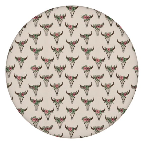 Beige Buffalo Skull Flower Pattern Round Fitted Tablecloth with Elastic Edge,Dining Table Cover Waterproof,Outdoor Round Tablecloth for Camping,Dining,Indoor and Outdoor