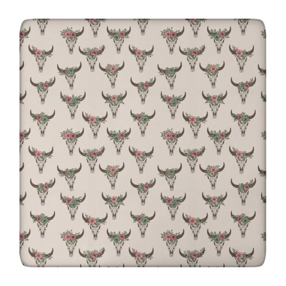 Beige Buffalo Skull Flower Pattern Square Fitted Tablecloth with Elastic Edge,Square Table Cover,Washable Elastic Table Cover for Home Kitchen Party Decor 36"x36"