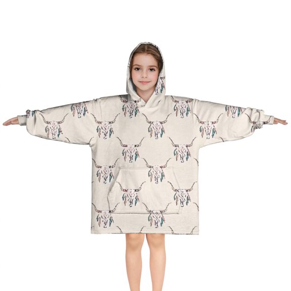 Beige Buffalo Skull Pattern Blanket Hoodies for Kids 6-13YR Oversize Wearable Blanket Hoodies for Boys Girls Teens
