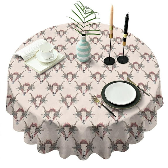 Beige Buffalo Skull Pattern Round Tablecloth 60"x60",Wrinkle Wipeable Table Cloth for Kitchen Dining Room Picnic Patio Party
