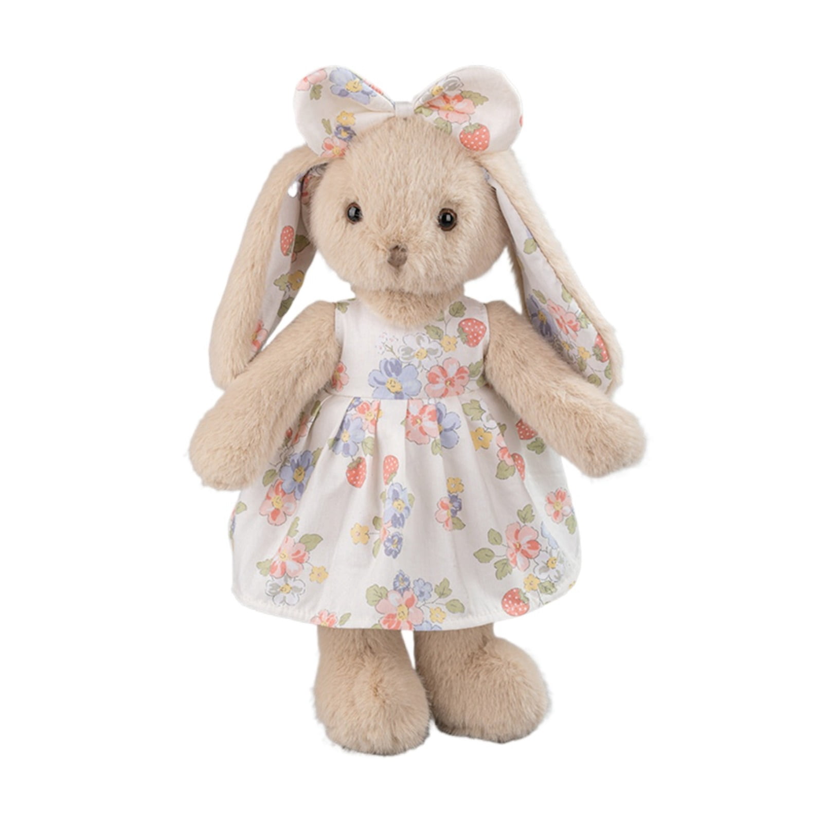 Beige Bunny Plush Toy with Floral Dress, Soft Rabbit Plush Doll for Cozy Home Decor