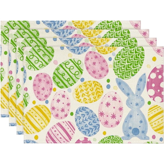 Beige Bunny Rabbit Eggs Easter Placemats Set of 4, 12x18 Inch Seasonal Spring Holiday Table Mats for Party Kitchen Dining Decoration