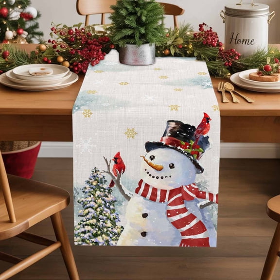 Beige Burlap Snowman Cotton Linen Table Runner 13 x 90 inch Christmas Tree Snowflake Winter Non-slip Rectangular Dining Table Decor for Wedding Party Holiday Dinner