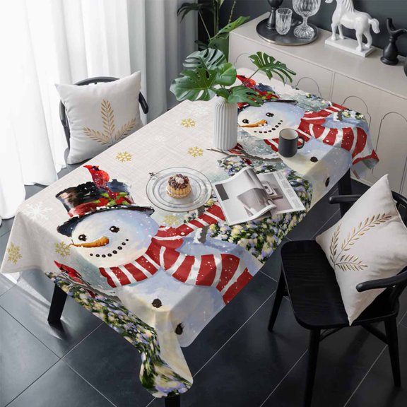 Beige Burlap Snowman Table Cloth Waterproof Tablecloths, Christmas Tree Snowflake Winter Tablecloth Dining Table Cover for Kitchen Party Tabletop Outdoor, Rectangle Tablecloth 60x120 Inch