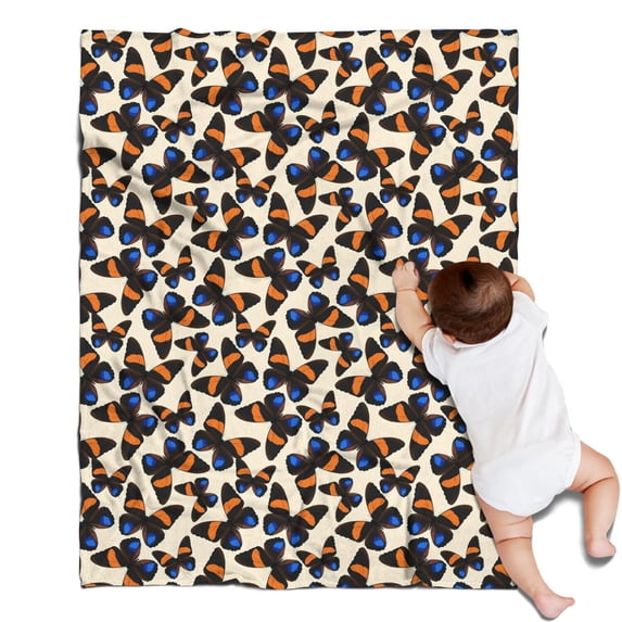 Beige Butterfly Blue Orange Pattern Blanket,Comfortable Soft Flannel Throw Blanket,All Season,Warm Lightweight Blankets for Sofa Bed Couch Living Room Chair,30"x40"