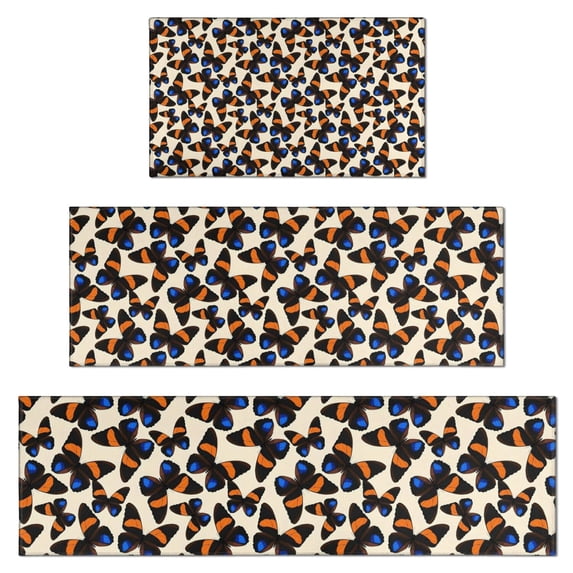 Beige Butterfly Blue Orange Pattern Kitchen Rugs Sets Of 3,Kitchen Runner Rugs Non Skid Washable,Decorative Kitchen Floor Mats for Kitchen,Sink,Laundry,17"x30"+ 17"x47" + 17"x59"