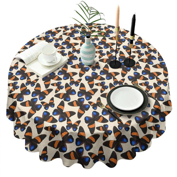 Beige Butterfly Blue Orange Pattern Round Tablecloth 60"x60",Wrinkle Wipeable Table Cloth for Kitchen Dining Room Picnic Patio Party