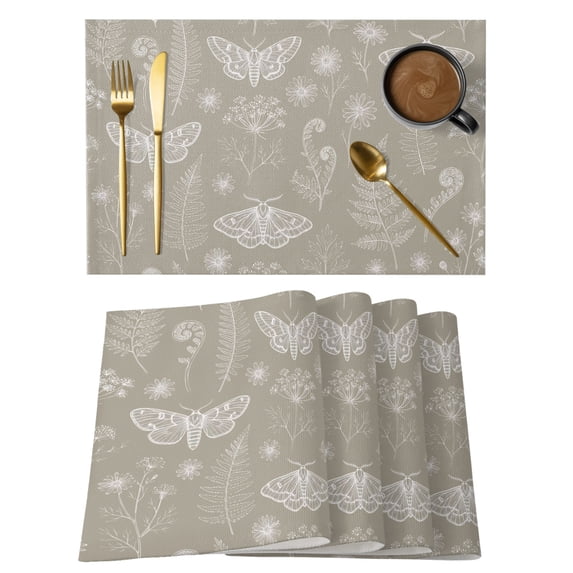 Beige Butterfly Botanical Placemats Set of 12 Summer Plants Line Art Place Mats Indoor Wipeable Table Mats Washable Cloth Dining Table Placemats for Kitchen Holiday Party Home Decor 13x19 Inch