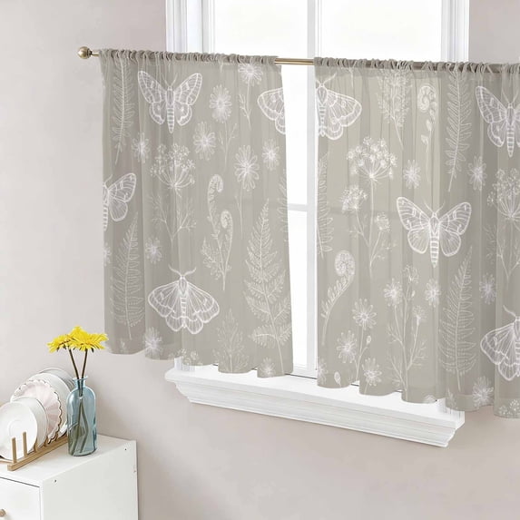 Beige Butterfly Botanical Semi Sheer Curtains 54 Inch Length 2 Panels Set, Summer Plants Line Art Sheer Kitchen Curtain Privacy Voile Window Curtain for Living Room Bedroom Rod Pocket Drapes