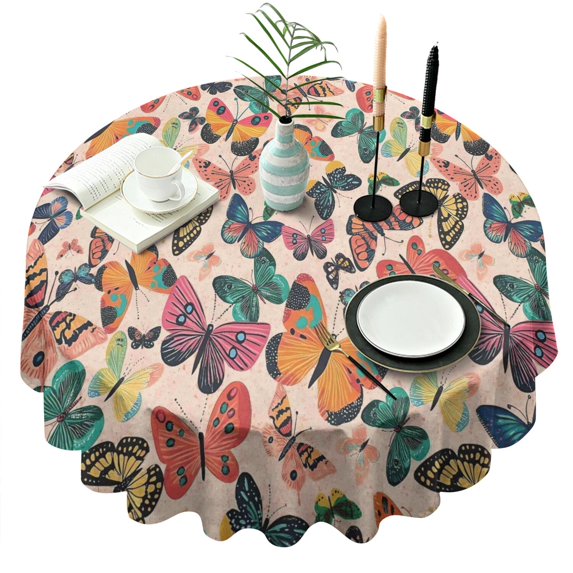 Beige Butterfly Colorful Pattern Round Tablecloth 60"x60",Wrinkle Wipeable Table Cloth for Kitchen Dining Room Picnic Patio Party