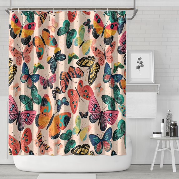 Beige Butterfly Colorful Pattern Shower Curtain 84"x72" ,Bathroom Decorative Shower Curtains Set with 12 Hooks,Modern Waterproof Washable Shower Curtain