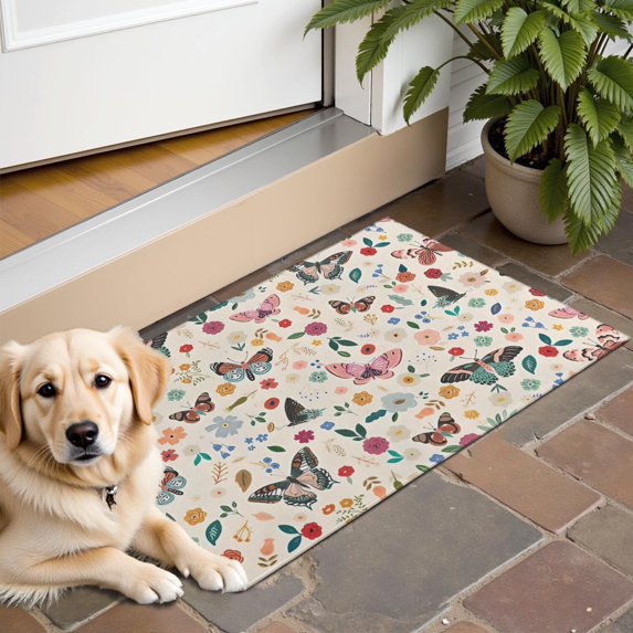 Beige Butterfly Flower Pattern Door Rugs,Washable Non Slip Door Mats Indoor,Decorative Door Mats,Entry Mat Indoor for Entrance,Bedroom,Kitchen,Bathroom,16"x24"