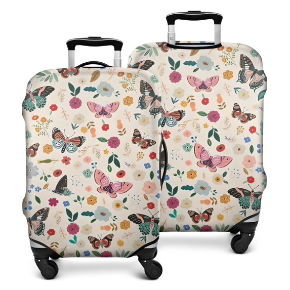 Beige Butterfly Flower Pattern Luggage Cover Fashion Suitcase Cover Baggage Covers Fit 25-28 Inch Luggage (Go Travel)