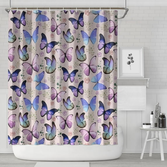 Beige Butterfly Flower Pattern Shower Curtain 84"x72" ,Bathroom Decorative Shower Curtains Set with 12 Hooks,Modern Waterproof Washable Shower Curtain