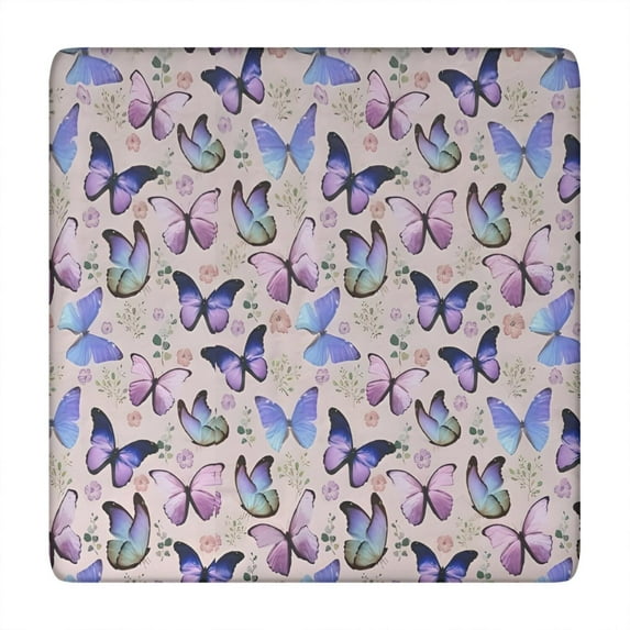 Beige Butterfly Flower Pattern Square Fitted Tablecloth with Elastic Edge,Square Table Cover,Washable Elastic Table Cover for Home Kitchen Party Decor 34"x34"