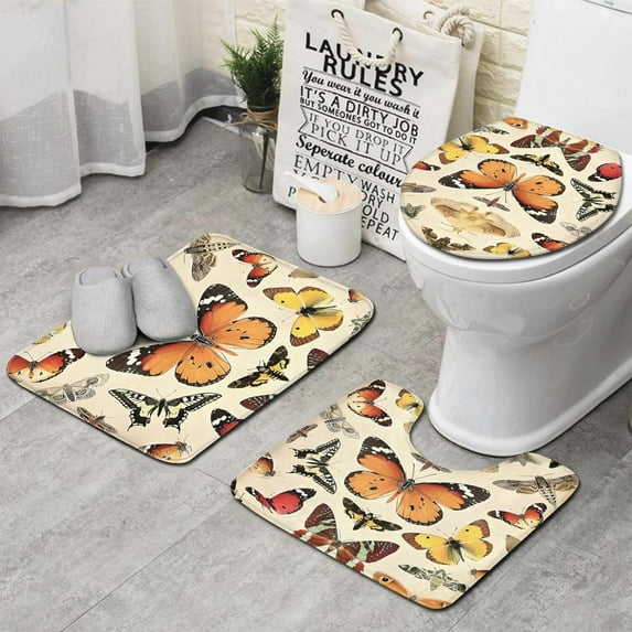 Beige Butterfly Moth Pattern Bathroom Rugs Sets 3 Piece,Toilet Cover ...