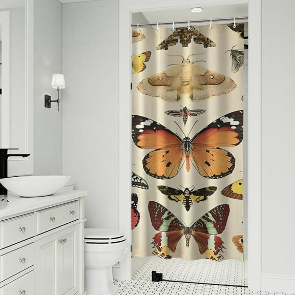 Beige Butterfly Moth Pattern Shower Curtain 36"x72" ,Bathroom Decorative Shower Curtains Set with 12 Hooks,Modern Waterproof Washable Shower Curtain