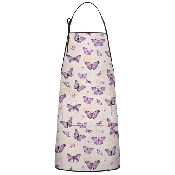 Beige Butterfly Pattern Apron-Garden Aprons for Women with Pockets-Cotton Linen Waterproof Kitchen Cooking Gardening Aprons Adjustable for Kitchen,Cooking,BBQ and Salon 33x27 Inch