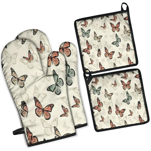 Beige Butterfly Pattern Kitchen Oven Mitt and Pot Holder Sets 4 Pcs for Baking, Cooking and Grilling, Heat Resistant Up To 392 °F