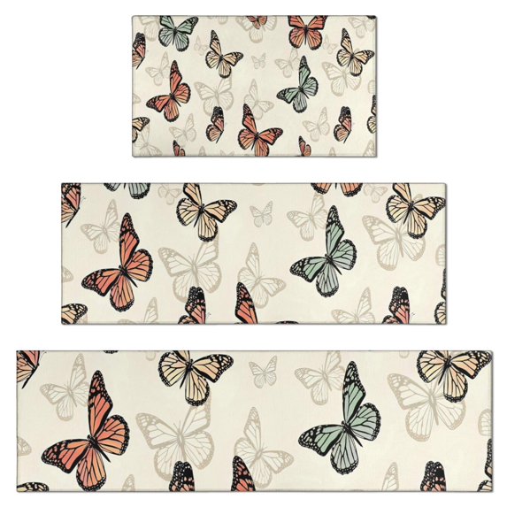 Beige Butterfly Pattern Kitchen Rugs Sets Of 3,Kitchen Runner Rugs Non Skid Washable,Decorative Kitchen Floor Mats for Kitchen,Sink,Laundry,17"x30"+ 17"x47" + 17"x59"