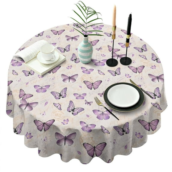 Beige Butterfly Pattern Round Tablecloth 60"x60",Wrinkle Wipeable Table Cloth for Kitchen Dining Room Picnic Patio Party