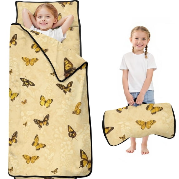 Beige Butterfly Pattern Teens Toddler Nap Mat with Pillow, Sleeping Mat Bag for Preschool Daycare 60"x20"