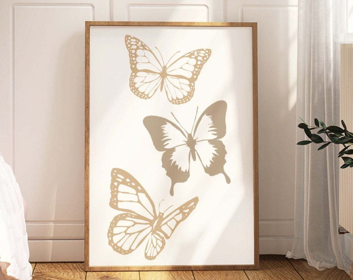 Beige Butterfly Print, Preppy Room Decor For Teens, Cute Aesthetic ...