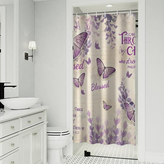 Beige Butterfly Text Pattern Shower Curtain 36"x72" ,Bathroom Decorative Shower Curtains Set with 12 Hooks,Modern Waterproof Washable Shower Curtain