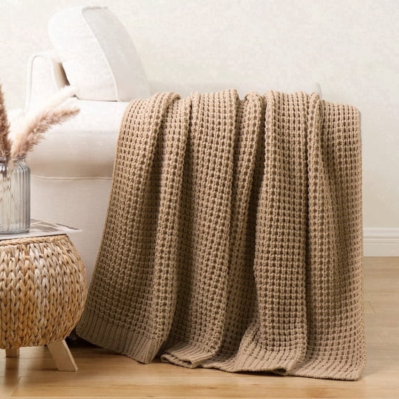 Battilo Beige Cable Knit Throw Blanket,Lightweight Decorative Waffle Blanket,Tan Chenille Blanket,50"x60"