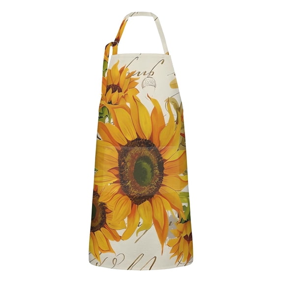 Beige Calligraphy Sunflower Pattern Apron-Garden Aprons for Women with Pockets-Cotton Linen Waterproof Kitchen Cooking Gardening Aprons Adjustable for Kitchen,Cooking,BBQ and Salon 33x27 Inch