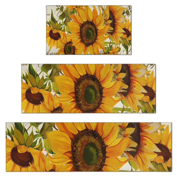 Beige Calligraphy Sunflower Pattern Kitchen Rugs Sets Of 3,Kitchen Runner Rugs Non Skid Washable,Decorative Kitchen Floor Mats for Kitchen,Sink,Laundry,17"x30"+ 17"x47" + 17"x59"