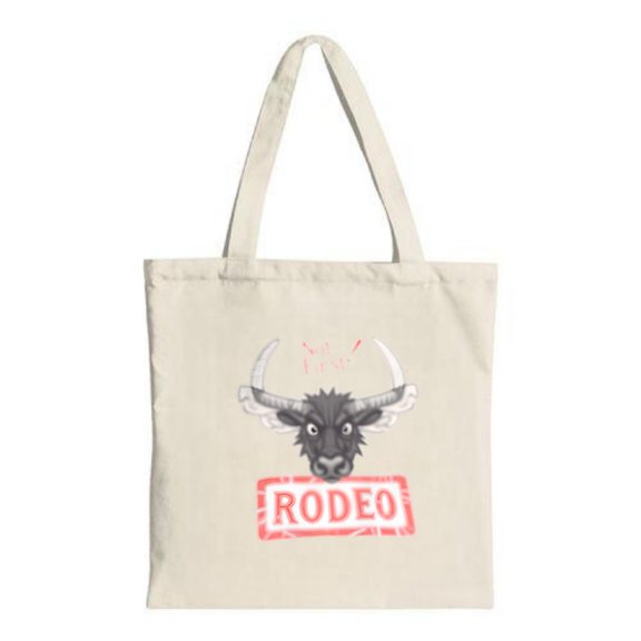 Beige Canvas Tote Bag with Black Design and Red ' RODEO ' Stamp - Stylish Multifunctional Perfect for Shopping and Travel