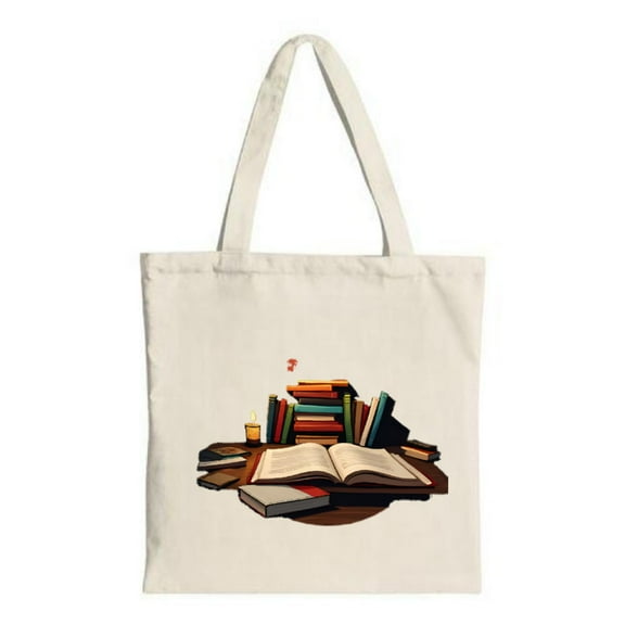 Colorful Book Stack Tote Bag - Canvas Multifunctional Reusable Shopping Bag with Open Book & Candle Design Ideal for Travel & Parties