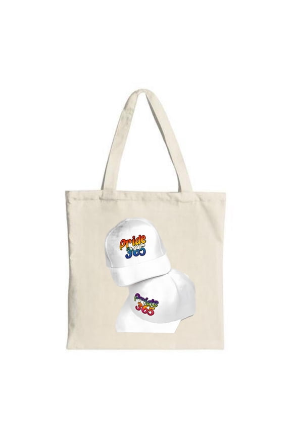 Beige Canvas Tote Bag with Vibrant ' Pride is Love ' Design Featuring Two White Caps Perfect for Shopping Travel and Parties