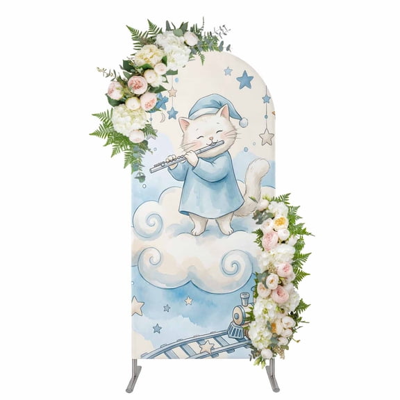 Beige Cartoon Cats Arch Backdrop Cover 5FT, Cute Cats Sleeping Dreams Clouds Spandex Fitted Stretchy Arch Stand Covers, Round Top Chiara Backdrop Cover for Wedding Party Birthday Baby Shower