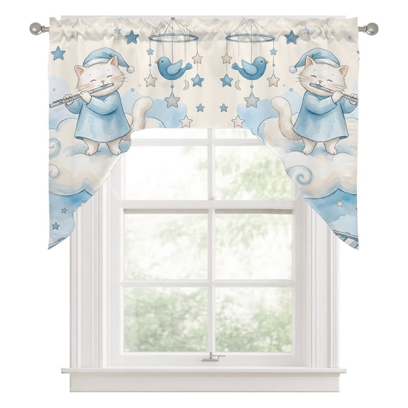 Beige Cartoon Cats Kitchen Curtains Swag Valance for Windows/Bathroom/Cafe, Cute Cats Sleeping Dreams Clouds Rod Pocket Drape Panel Swag Curtains Valance for Bedroom/Living Room 56"x36"